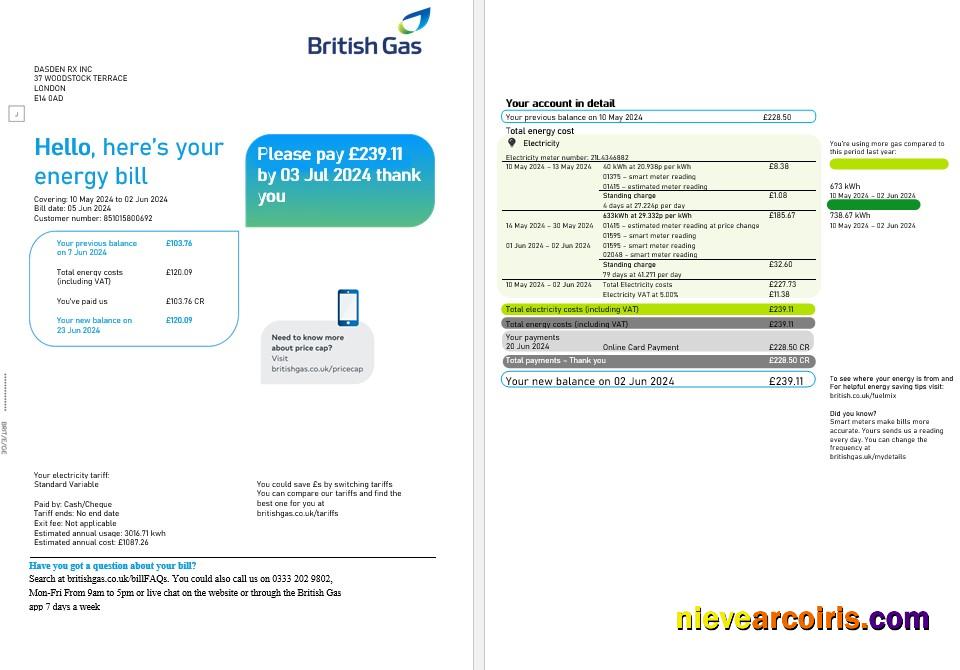 United Kingdom British Gas business utility bill, 2 pages
